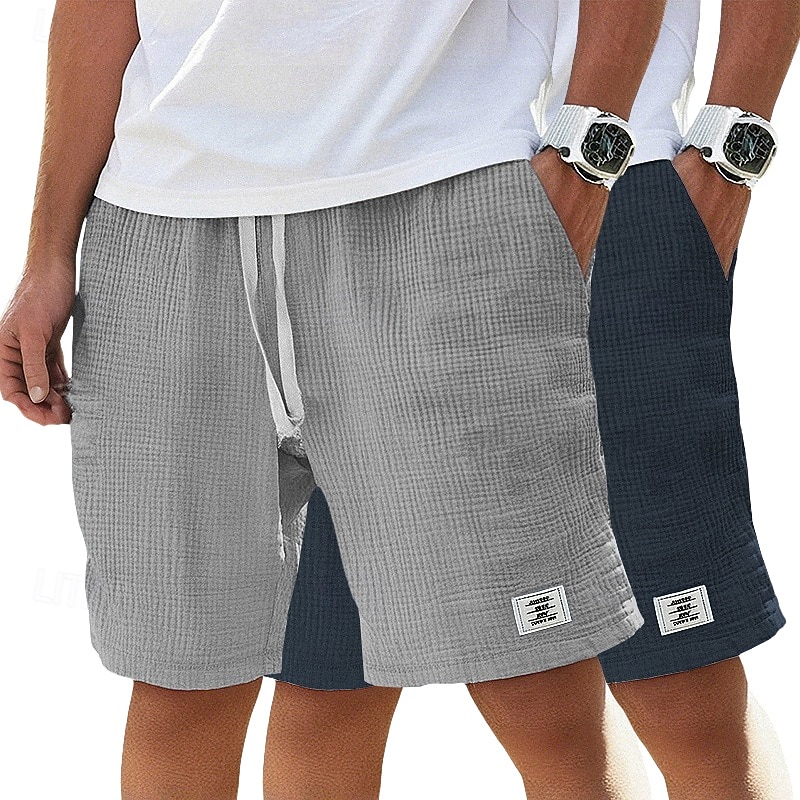Men's Cotton Linen Shorts Summer Shorts Beach Shorts Casual Shorts Drawstring Pocket Elastic Waist Plain Comfort Breathable Knee Length Beach Vacation Holiday Hawaiian Casual Black+Khaki White+Navy 2026 - $33.99 –P7