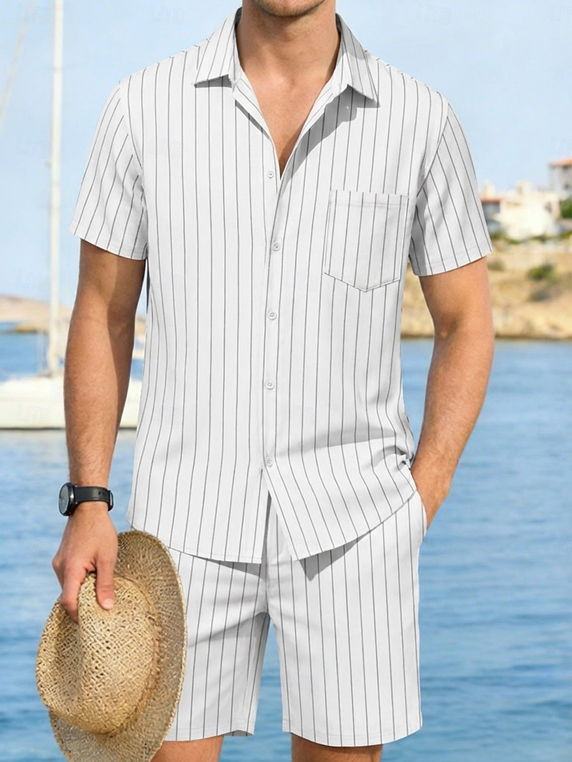 Men Linen Shirt 2 Piece Shirt Set And Shorts Linen Shorts Beach Shorts Set Vertical Stripes Casual Daily Outdoor Turndown Short Sleeve Summer Fashion Casual Comfortable Clothing Apparel 2026 - $32.99 –P9