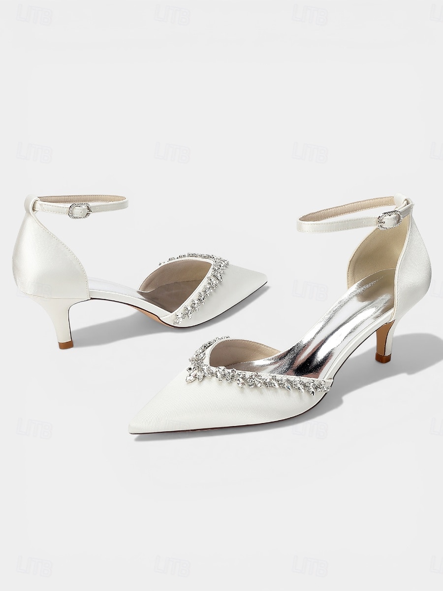 Zapatos de tacón bajo de satén rosa para mujer, zapatos de salón con tira en el tobillo y punta afilada con pedrería para cócteles y bodas. &eventos nocturnos 2026 - $64.99 –P6
