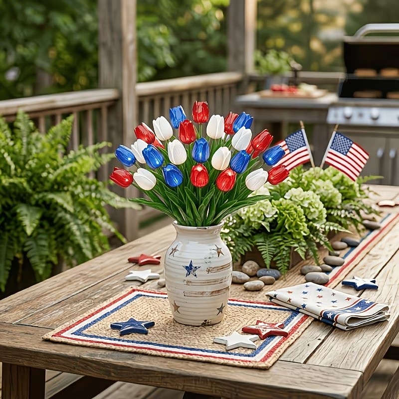 Conjunto de 20 tulipas artificiais vermelhas, brancas e azuis com toque realista, flores patrióticas de imitação adequadas para decorações do Dia da Independência (4 de julho), decoração de casa e de 2026 por $22.99 –P8