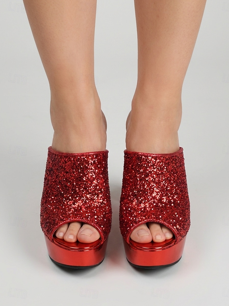 Rode glitter platform muiltjes voor dames – stevige instapsandalen met blokhak voor de nachtclub of een feestje. &een glamoureuze avond uit 2026 - $54.99 –P3