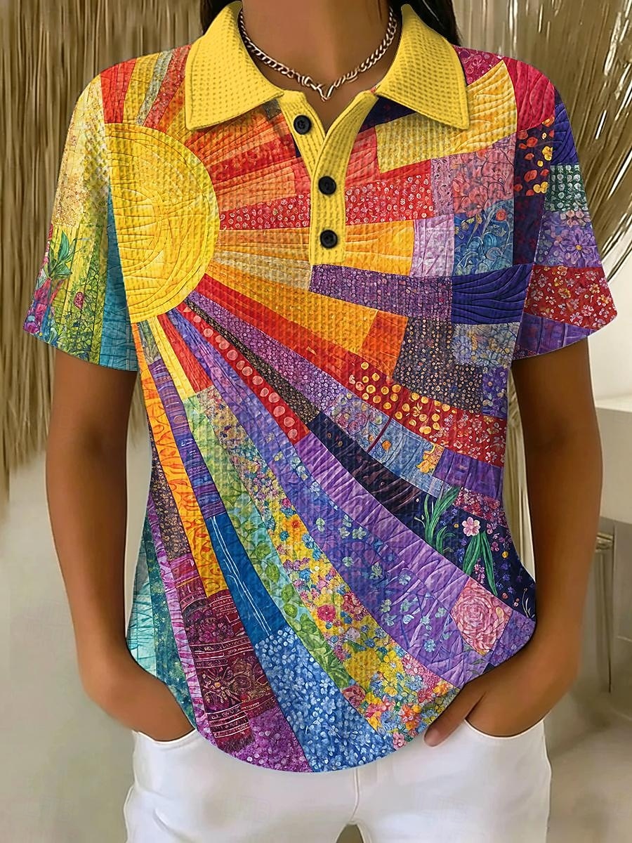 Mujer Camisetas polo con diseño de gofre Graphic Geométrico Vintage Elegante Clásico Manga Corta Cuello de polo Tops regulares Casual Diario Amarillo Rosa Rojo Verano Primavera 2026 - $24.99 –P1