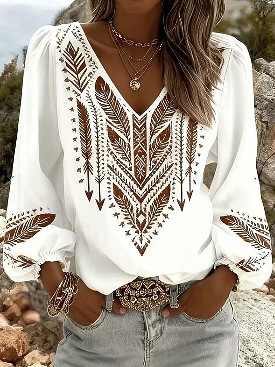 Mulheres Camisa Social Gráfico Geométrica Estampado Cashemere Boêmia Férias Vintage Manga Longa Decote V Tops regulares Diário Feriado Para Noite Azul Branco Azul Marinha Castanho Claro Roxo Verão de 2026 por $13.49 –P1