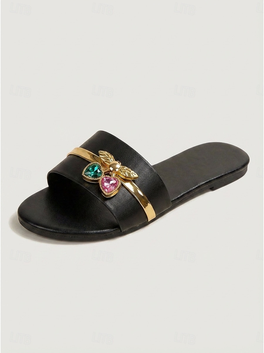 Women's Embellished Slide Sandals – Flat Slip-On Beach Sandals with Gemstone & Gold Detail, Boho Chic Resort Style for Summer Island Vacation & Seaside Wear 2026 - $19.99 –P4
