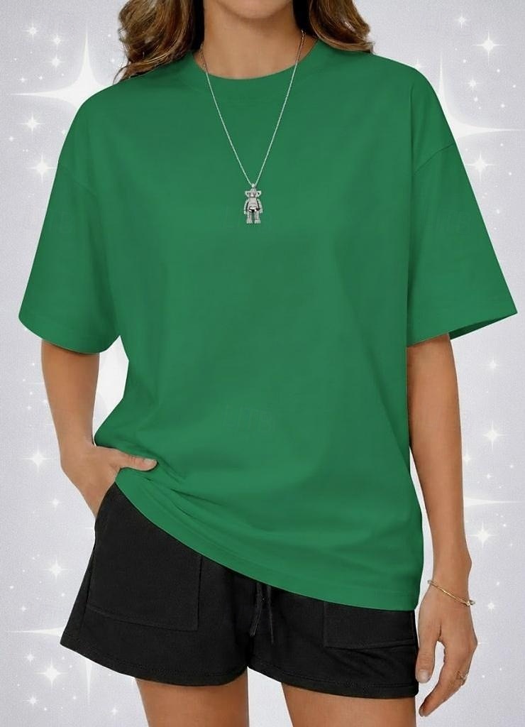 Camiseta de mujer de 100% algodón oversized camiseta de color sólido moda clásica casual de manga corta cuello redondo tops regulares para deportes salir diario verde salvia negro blanco amarillo 2026 - $24.99 –P14