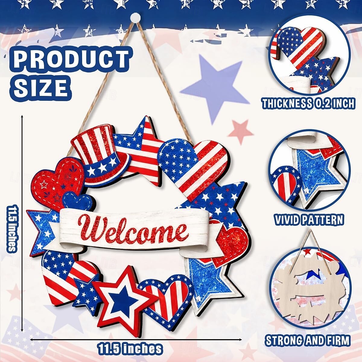 decorazioni in legno per il 4 luglio, ghirlande patriottiche per la porta d'ingresso, decorazioni per il giorno dell'indipendenza, segno stellare di benvenuto, decorazione per il Memorial Day da del 2026 a $14.99 –P4