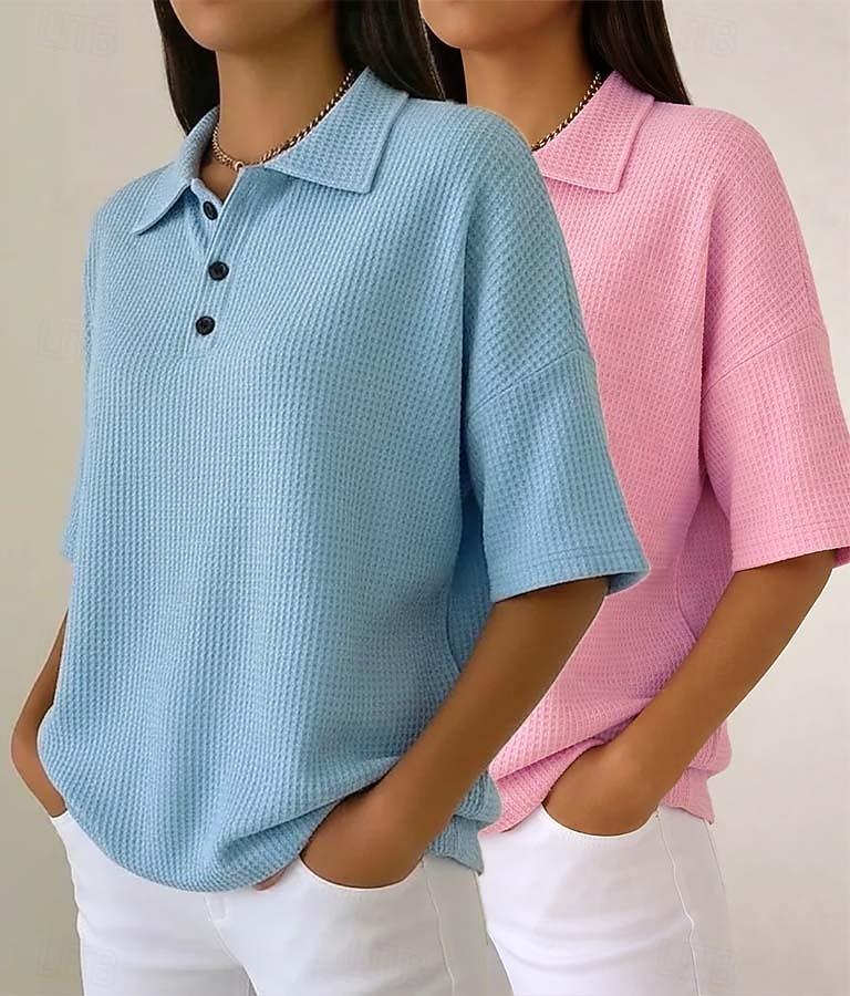 Damskie Koszula waflowa Jednokolorowe Elegancja Aktywny Urlop Bez rękawów Rękaw 1/2 W serek Kołnierz polo Długie topy Codzienny Na zewnątrz Streetwear Niebieski / Czarny Biały + czarny Czerwony 2026 - $45.99 –P6