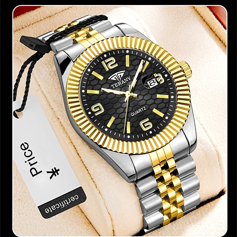 Montre homme de luxe, cadran noir nid d'abeille, mouvement quartz bicolore or et argent en acier inoxydable, lunette cannelée, montre habillée avec date, bijou élégant à offrir. de 2026 ? $21.99 –P8