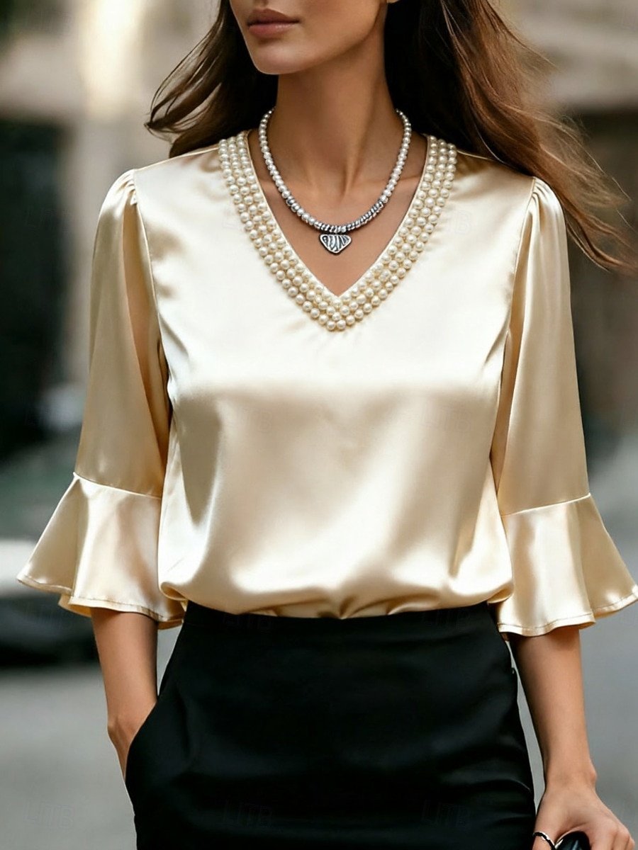 Women's Satin Elegant Long Sleeve V Neck Regular Tops Casual Daily Beach Apricot Summer Spring Fall 2026 - $26.99 –P1