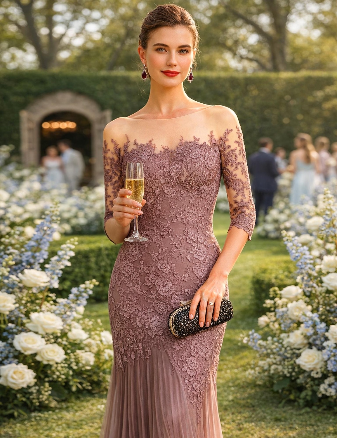 Syrena Tren sweep Suknia Suknia wieczorowa Sukienka dla matki panny młodej Rękaw 1/2 Łódeczka Elegancja Formalny Gość weselny Koronka Tiul z Haft nakładany 2026 - $208.99 –P3