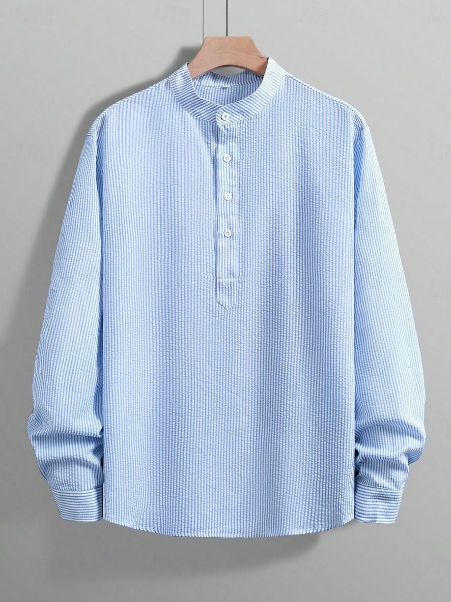 Men's Shirt Casual Shirt Seersucker Shirt Button Up Shirt Sky Blue Green Dark Gray Gray Long Sleeve Striped Vertical Stripes Grandad Collar Henley Casual Daily Buttons Clothing Apparel Elegant 2026 - $23.99 –P2