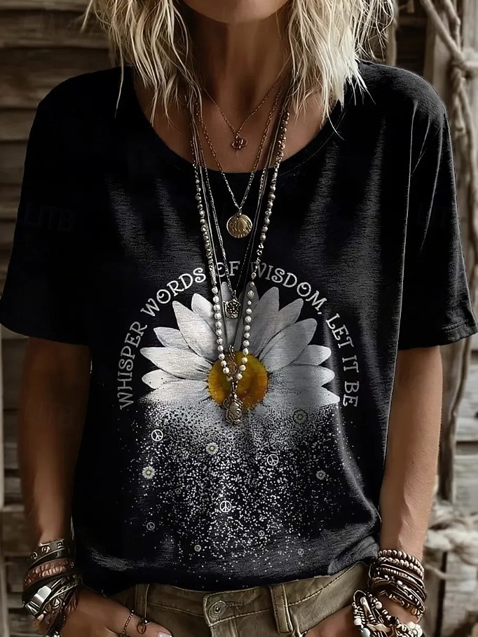 Damen T Shirt Druck Blumen Grafik Geometrisch Vintage Stilvoll Lässig Kurzarm Rundhalsausschnitt Normale Oberteile Lässig Täglich Wochenende Schwarz Rosa Staubiges Blau Braun Sommer Frühling 2026 - $21.99 –P4