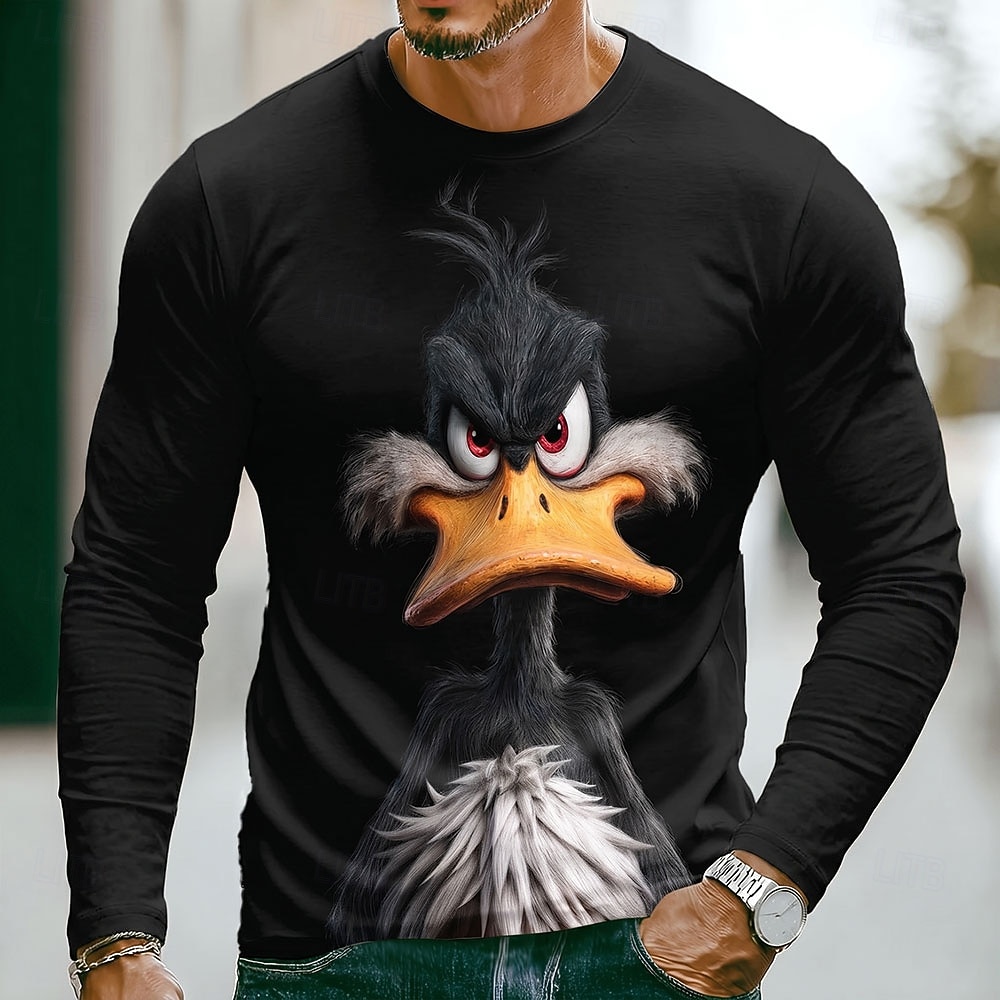 Herren-T-Shirt mit einfarbigem Entenmotiv, langärmelig, 3D-Druck, Rundhalsausschnitt, lustig, lässig, für Alltag und Freizeit, in Blau, Schwarz und Gelb, Frühling/Herbst, Größen: S, M, L, XL, 2XL, 3XL 2026 - $19.99 –P2