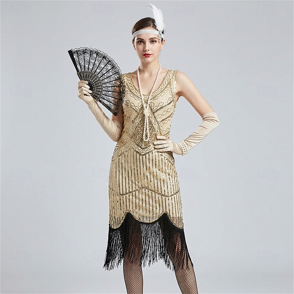 Zabytkowe Ryczące 20s 1920 roku Do kolan Sukienka w stylu lat 20-tych Rękawiczki Nakrycie głowy Bez rękawów Wielki Gatsby Czarleston Cekiny Frędzel Strój na bal maskowy Damskie Halloween Karnawał 2026 - $64.99 –P19