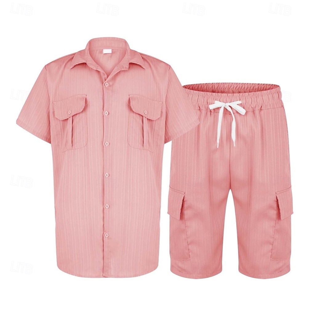 2026年 男性用 スタイル ２個 シャツセット そして ショーツ ビーチショーツ 設定 平織り カジュアル 日常 アウトドア 折襟 半袖 夏 ファッション カジュアル 快適 衣類  コレクション – $39.99 –P13