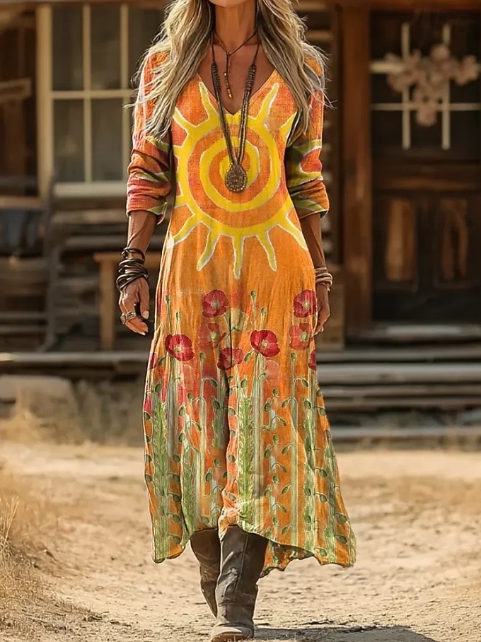 Dames Maxi-jurk Boho-jurk Vintage Jurk Casual jurk Vintage Ruim Passend Bloemig Lange mouw V-hals Zwart en Wit Ijsblauw Zwart Geel Zomer Lente 2026 - $37.99 –P5
