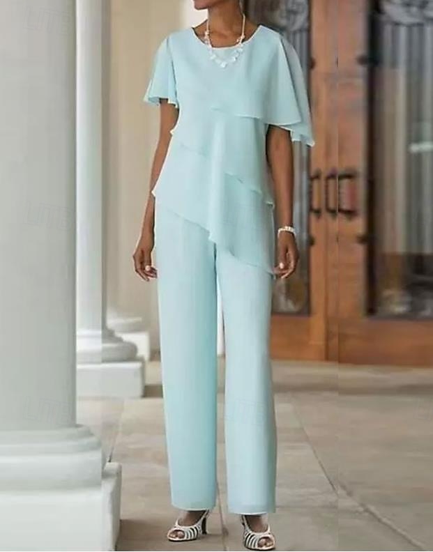 Tweedelig Broek Tot de grond Moeder van de bruid jurk Korte mouw Met sieraad Elegant Grote maten Bruiloft gast Chiffon met Gelaagde ruches 2026 - $160.99 –P5