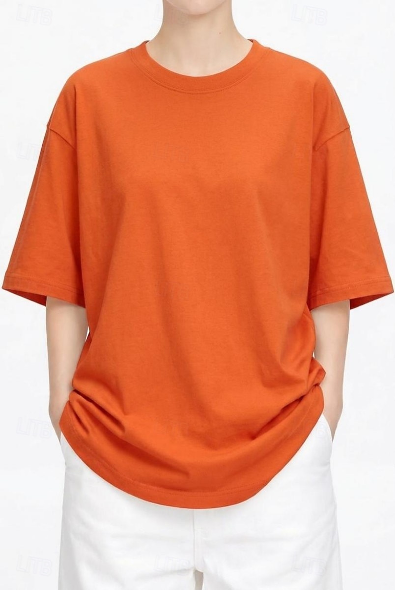 T-shirt surdimensionné en 100 % coton pour femme tee-shirt haut couleur unie élégant basique décontracté manches courtes col rond hauts réguliers sports quotidiens sortie noir blanc rose vin bleu de 2026 ? $19.99 –P1