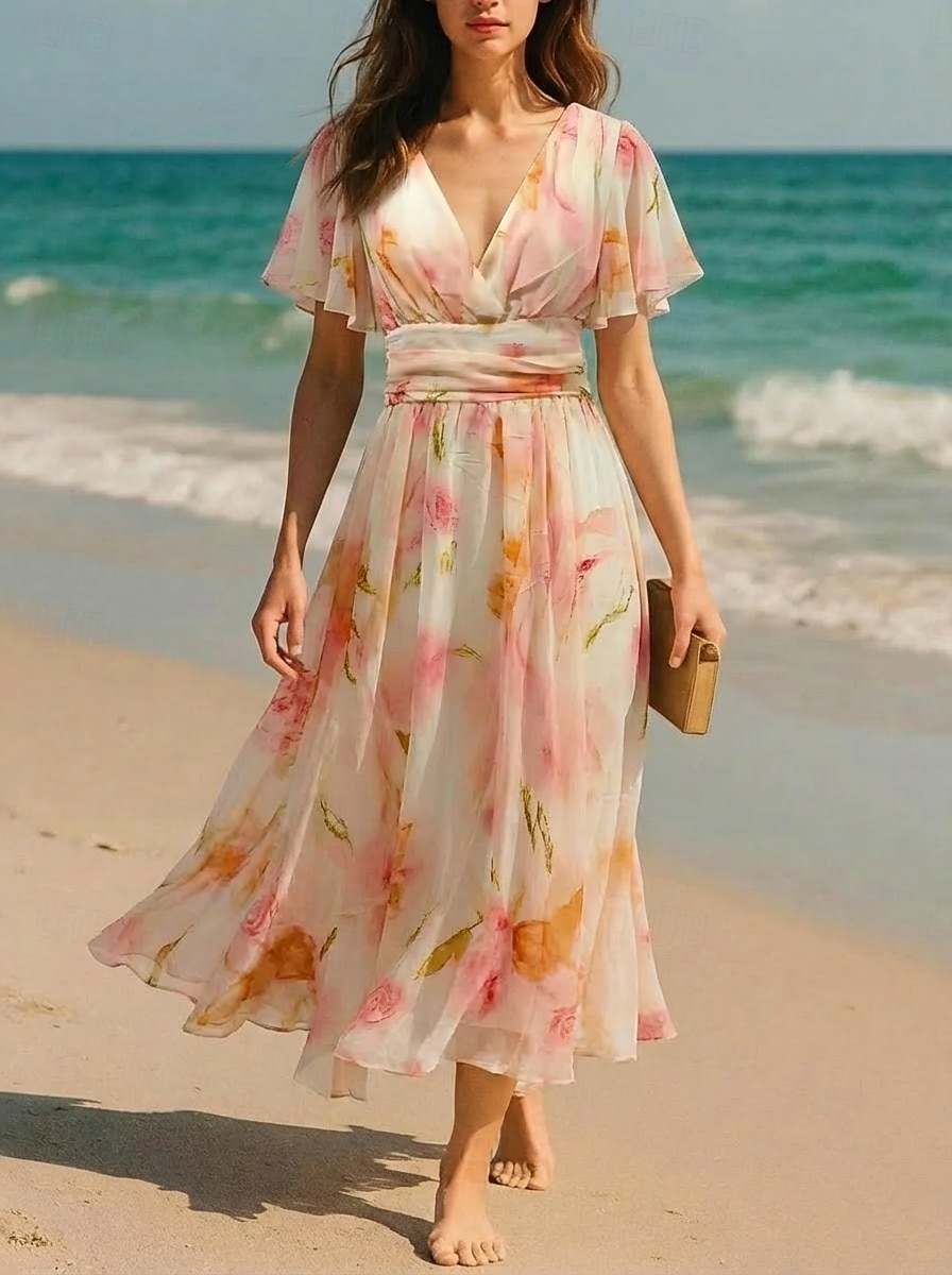Mujer Vestido maxi Vestido de raso Vestido de flores Vestido Estampado Elegante Moda Moderno Diario Exterior Vacaciones Ajuste regular Floral Manga Corta Escote en Pico Rosa Verano Primavera 2026 - $43.99 –P2
