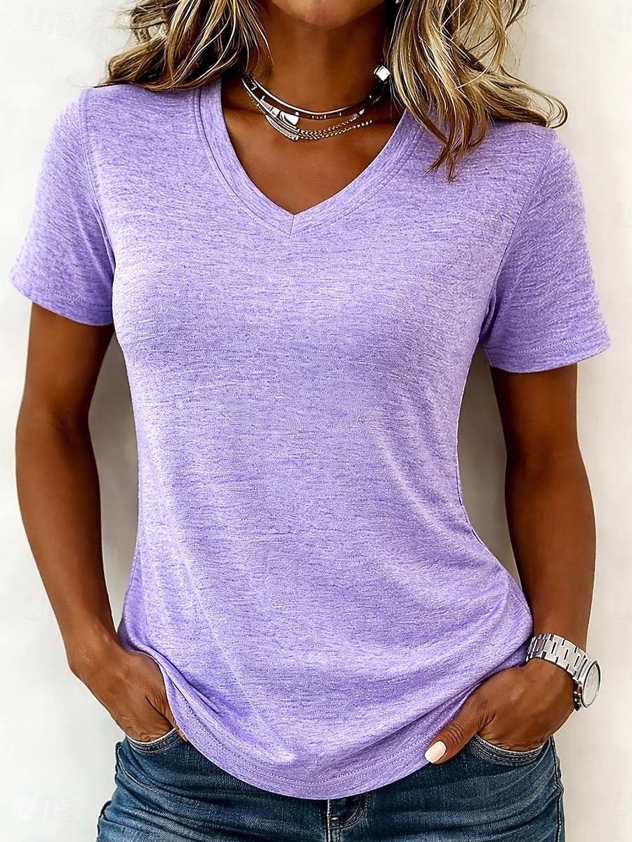 Femmes T-shirt Couleur Unie Élégant Basique Manche Courte Col en V Hauts Réguliers Occasionnel Sports Week-end Noir Vert Claire Rose Claire Violet Claire Gris Clair Été Printemps de 2026 ? $21.99 –P4