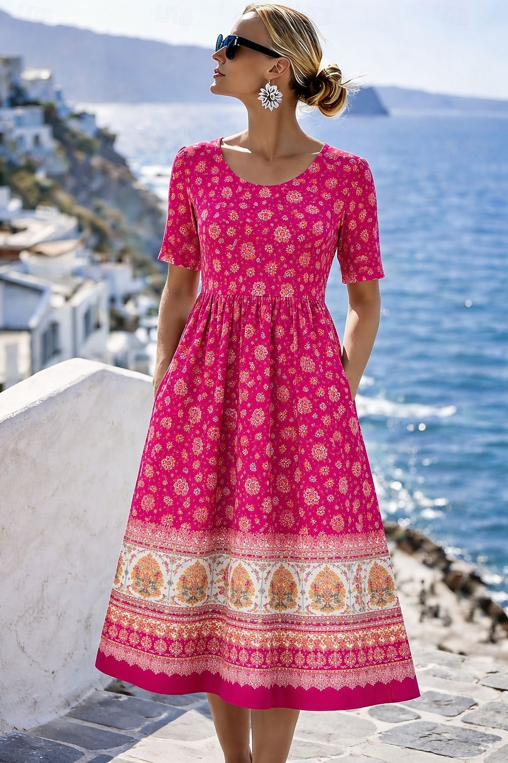 Women's Midi Dress Shift Dress Vacation Vintage Casual Regular Fit Floral Graphic Bohemian Short Sleeve Crew Neck Blue Yellow Pink Summer Spring 2026 - $33.99 –P2