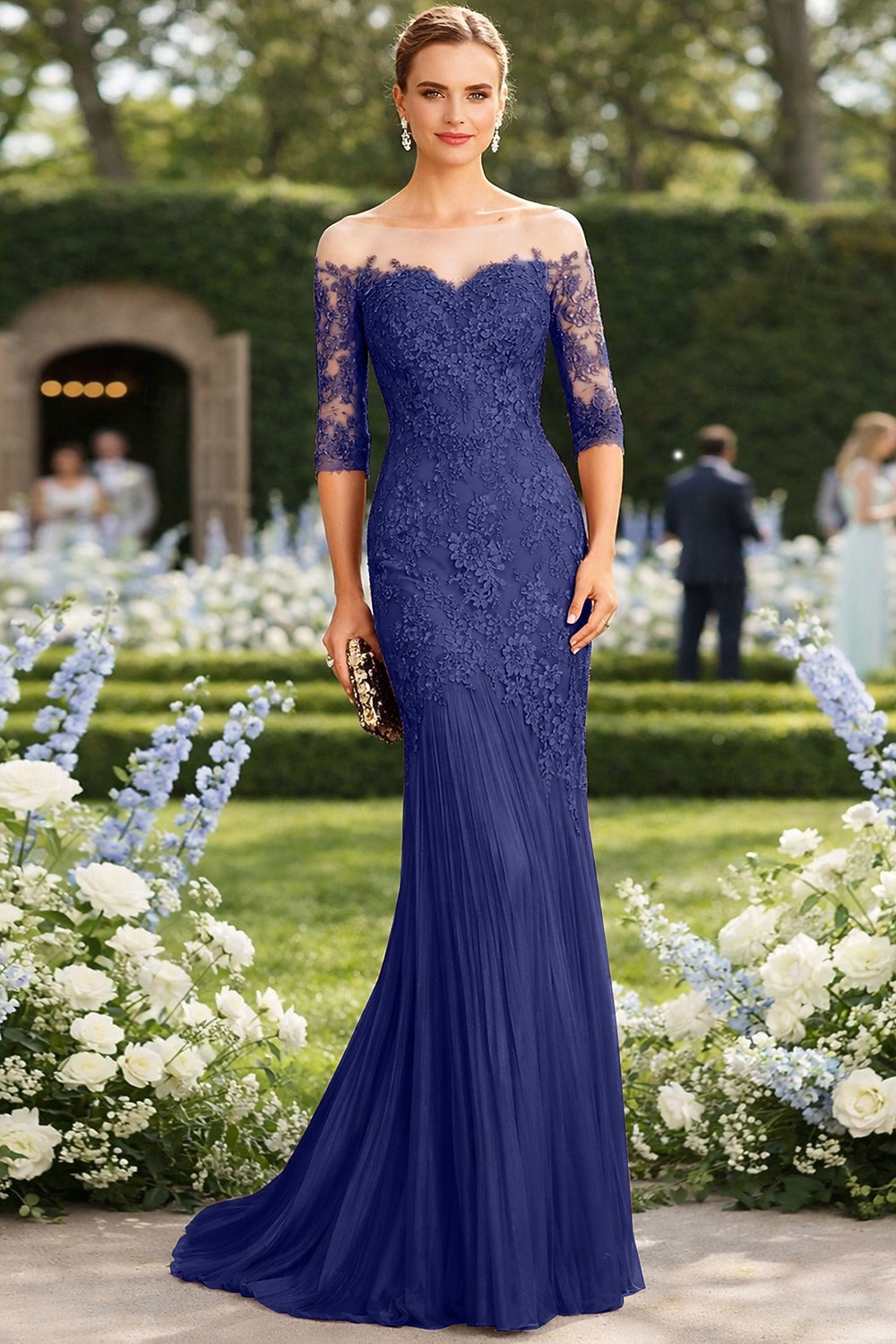 Syrena Tren sweep Suknia Suknia wieczorowa Sukienka dla matki panny młodej Rękaw 1/2 Łódeczka Elegancja Formalny Gość weselny Koronka Tiul z Haft nakładany 2026 - $208.99 –P10