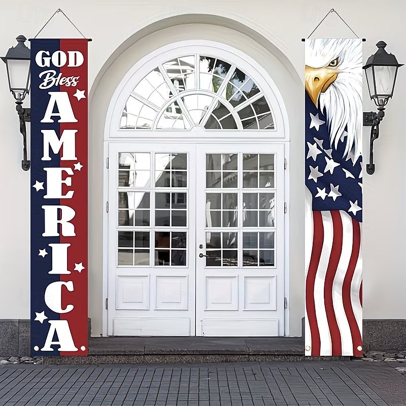 1/2 par de bandeiras patrióticas com águia e porco para o 4 de julho, com a frase "Deus abençoe a América", decoração para porta de entrada com a bandeira americana, estrelas e listras para o Dia da de 2026 por $15.99 –P3