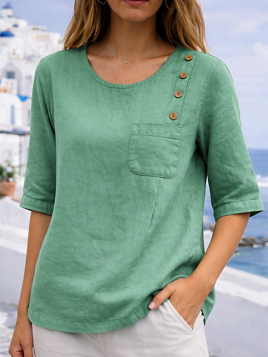 Women's Blouse Faux Linen Shirt Pocket Buttons Plain Basic Casual Half Sleeve Crew Neck Regular Tops Daily Blue Red Green Gray Summer Spring 2026 - $21.99 –P2