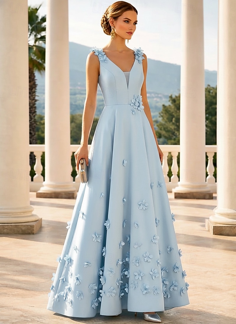 A-Line Floor Length Evening Gown Formal Dress Elegant Pastel Casual /  Daytime Wedding Sleeveless V Neck Wedding Formal Satin with 3D Flowers 2026  - JOD JD128.25