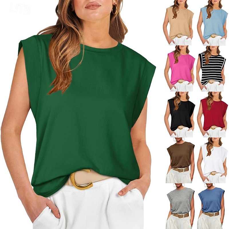 Mulheres Camiseta Côr Sólida Clássico Casual Sem Manga Gola Redonda Tops regulares Diário Para Noite Final de semana Preto Branco Vinho Verde Escuro Damasco Verão Primavera de 2026 por $22.99 –P1