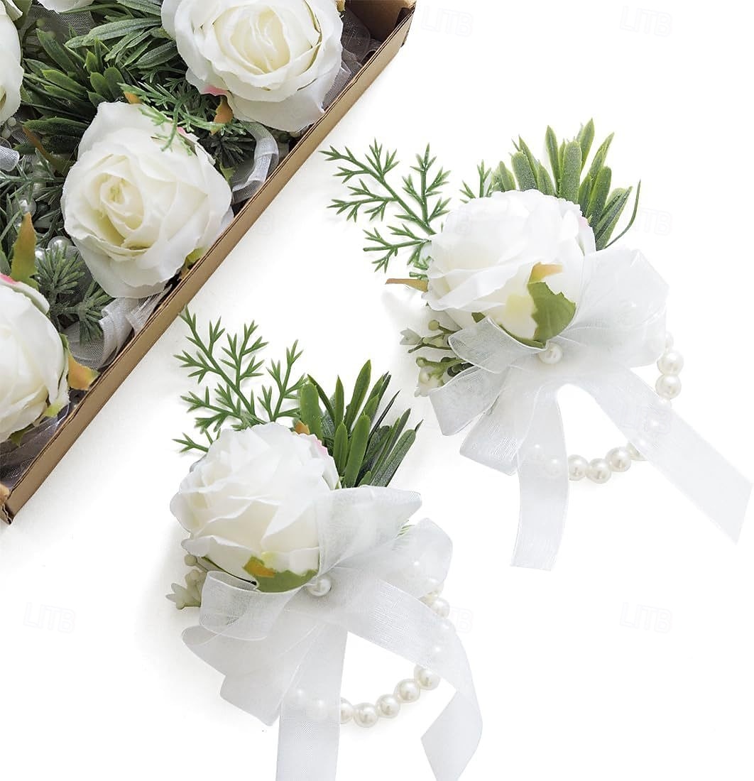 Slonovinová růžová korsáž na zápěstí, náramek a pánská sada boutonniér pro bílé svatební květinové doplňky, dekorace na ples 2026 - $12.99 –P10