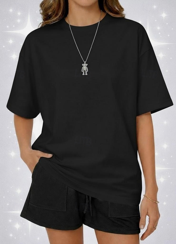 Camiseta de mujer de 100% algodón oversized camiseta de color sólido moda clásica casual de manga corta cuello redondo tops regulares para deportes salir diario verde salvia negro blanco amarillo 2026 - $24.99 –P15
