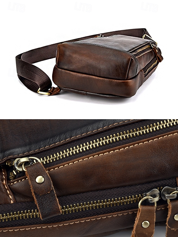 Herren-Umhängetasche aus Vollnarbenleder, geräumige Crossbody-Tasche mit mehreren Fächern und verstellbarem Riemen, stilvolle Farben in Kaffee und Braun für den Alltag, Pendeln und Geschäftsreisen 2026 - $54.99 –P9