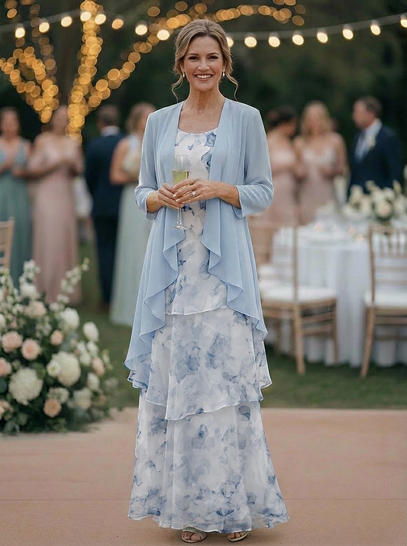 Two Piece A-Line Floor Length Wedding Guest Dress Mother of the Bride Dress Sleeveless 3/4 Length Sleeve Scoop Neck Elegant Simple Minimalist Formal Semi Formal Chiffon Jacquard with Floral Print 2026 - $194.99 –P5