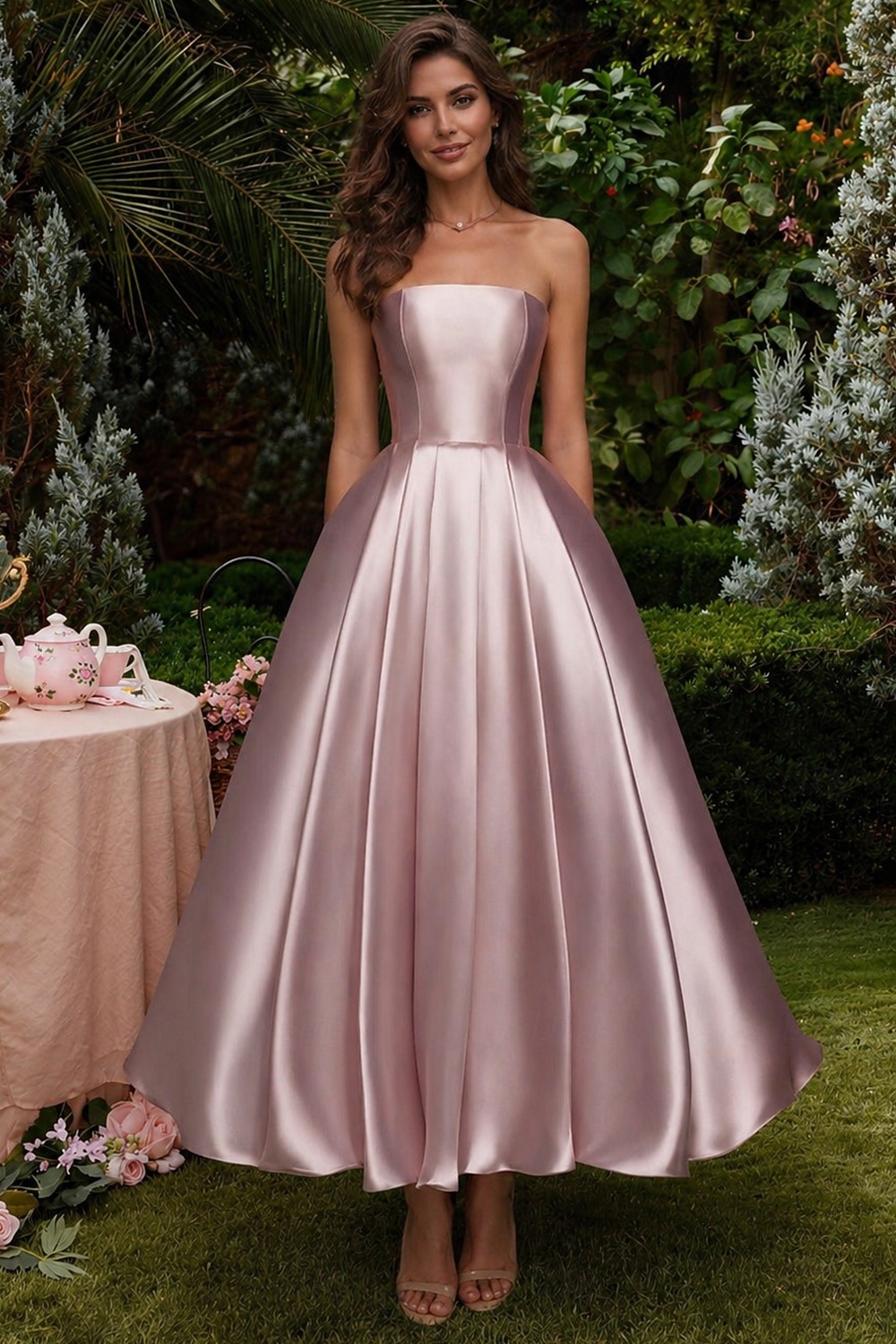 Ballkleid A-Linie Knöchellänge Cocktailkleider Partykleider Elegant Vintage Langarm Schulterfrei Hochzeit Formell Abnehmbar Satin mit Schal 2026 - $149.99 –P7