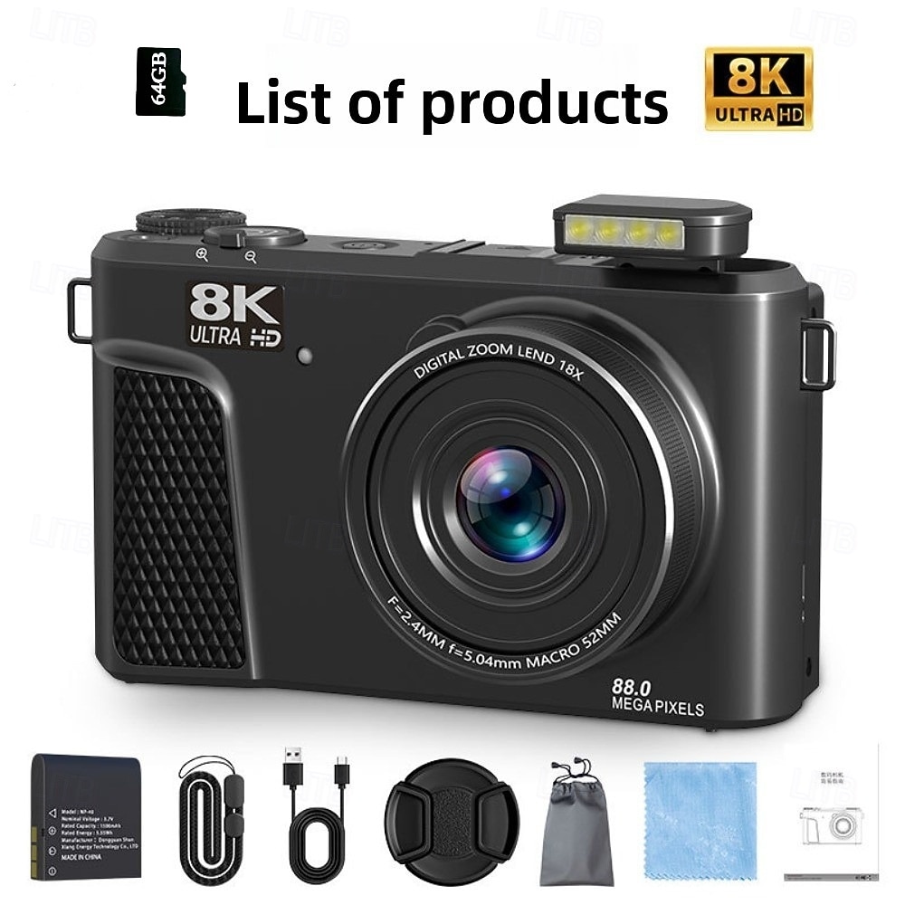 8k digitální fotoaparát pro fotografování, 88mp wifi vlogovací kamera pro YouTube, 18x zoom, 180° otočný displej, kompaktní fotoaparát s 64GB SD kartou, přenosný kompaktní fotoaparát typu "point and 2026 - $148.99 –P7