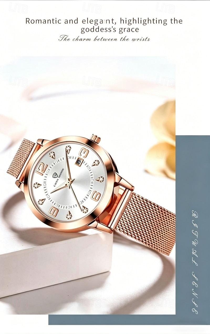 Ladies Watch Rose Gold, Waterproof Stainless Steel Mesh Band Women's Wristwatch, Elegant Sunray Dial with Date & Diamonds, Business Fashion Dress Watch Gift for Anniversary 2026 - $20.99 –P1