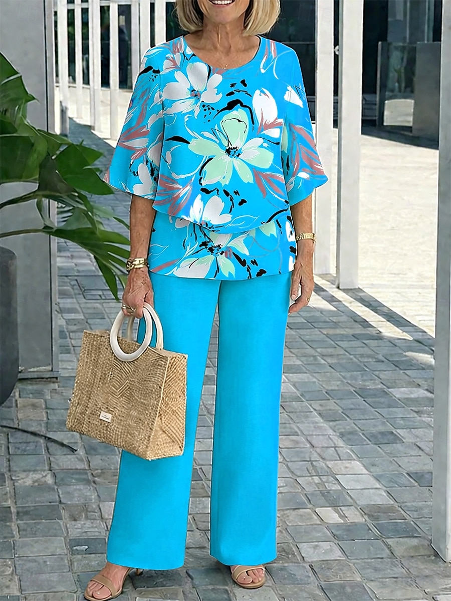 Per donna Set di Pantaloni Manica 3/4 Girocollo Floreale Grafico Elegante Vacanza Casuale Quotidiano Vacanza Blu Fucsia Arancione Estate Vestibilità comoda del 2026 a $48.99 –P4