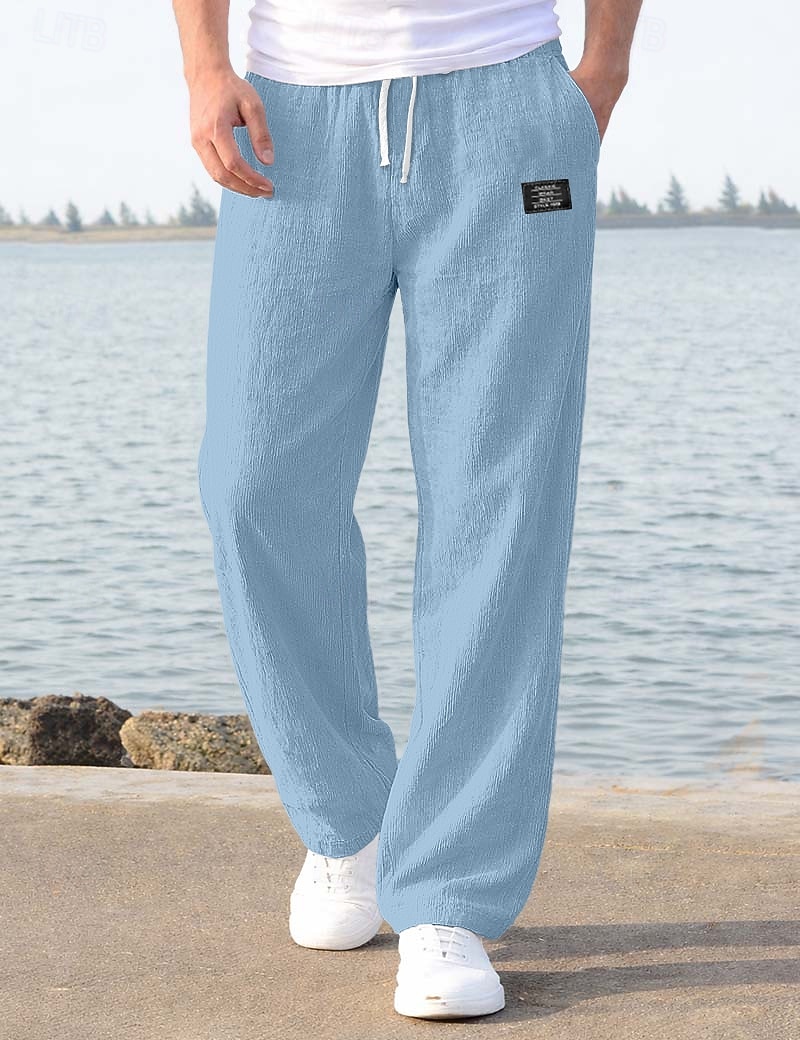 Men's Linen Pants Trousers Summer Pants Baggy Pants Beach Pants Drawstring Elastic Waist Straight Leg Plain Comfort Breathable Full Length Casual Daily Holiday Vacation Fashion Loose Fit Blue White 2026 - $27.99 –P1