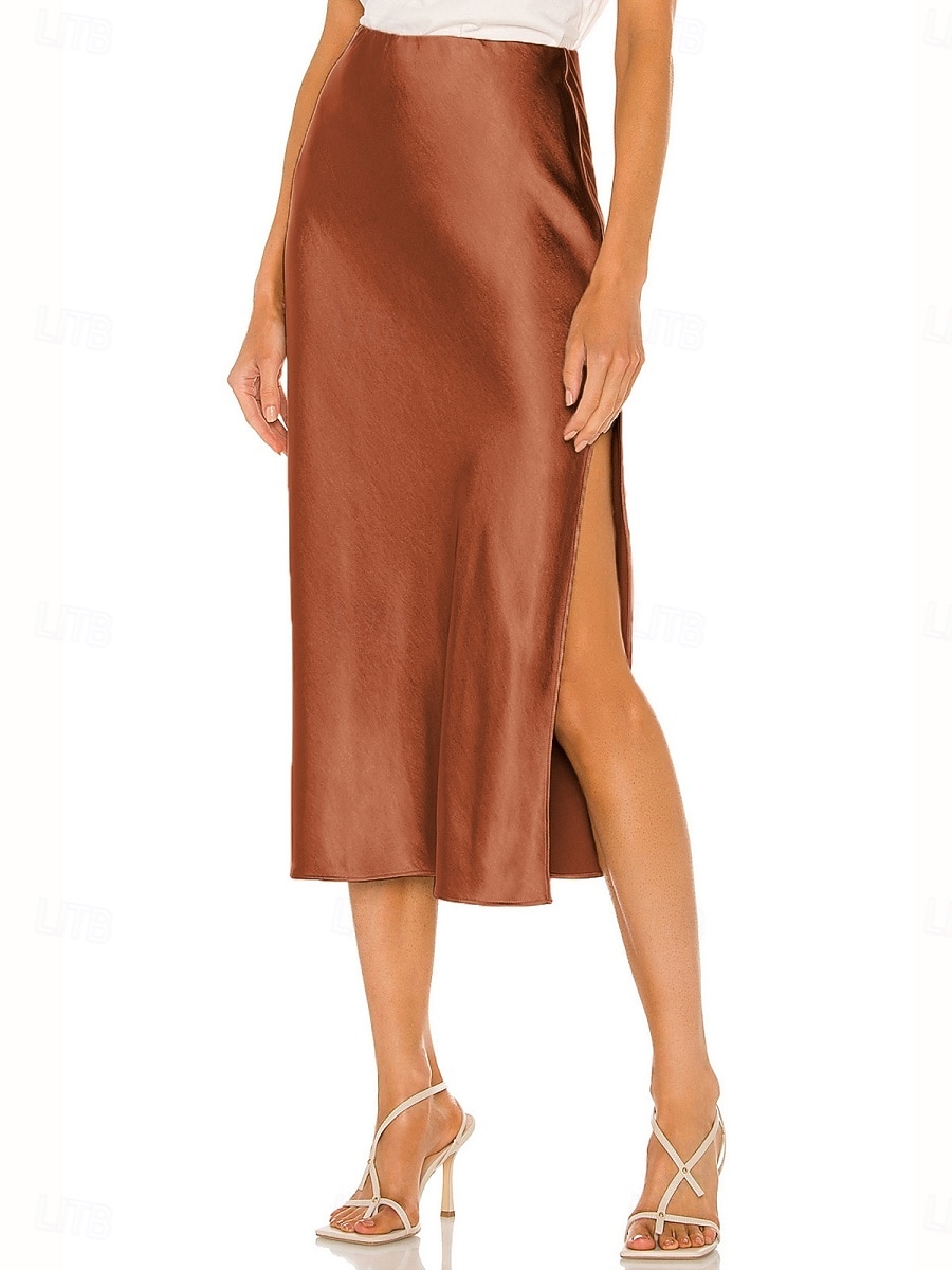 Per donna Gonne in raso Elegante Moda Midi Vita Alta Gonne Semplice Con Spacco Micro-elastico Feste Data Nero Champagne Marrone Verde Estate del 2026 a $29.99 –P13