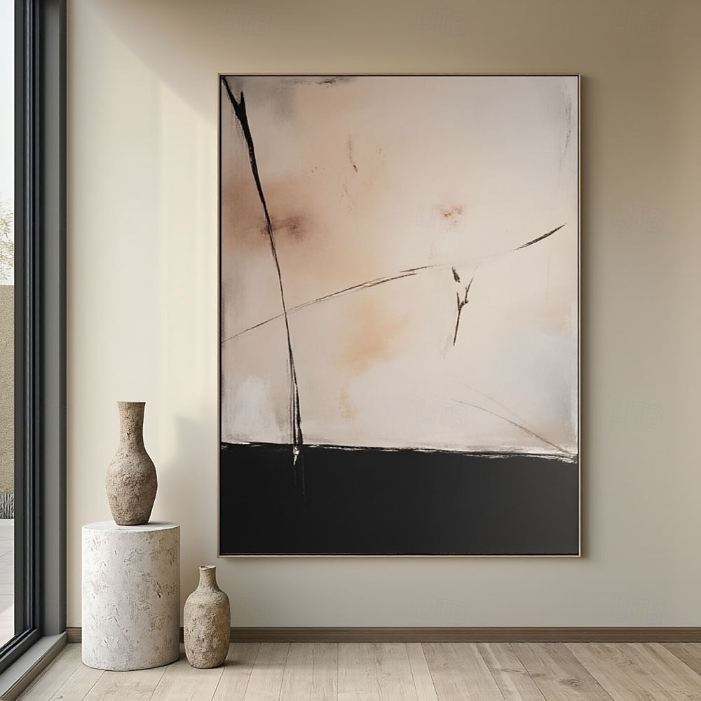 Boho Beige Black Wall Art Black Abstract Painting Beige Wabi Sabi Wall ...