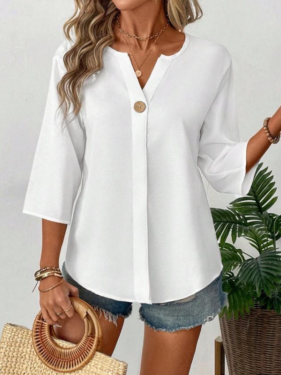 Mujer Camisa Blusa Remera de algodón Botones Plano Elegante Clásico Moderno Manga 3/4 Escote en Pico Tops regulares Diario Festivos Noche Negro Blanco Naranja Verano Primavera 2026 - $29.99 –P3