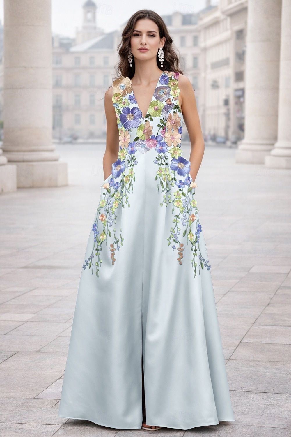 Corte A Hasta el Suelo Vestidos de noche Elegante Estilo de Celebridad Princesa Sin Mangas Escote en Pico Fiesta de jardin Boda Bolsillo Satén con Flor bordada Plisado Bordados 2026 - $171.99 –P4