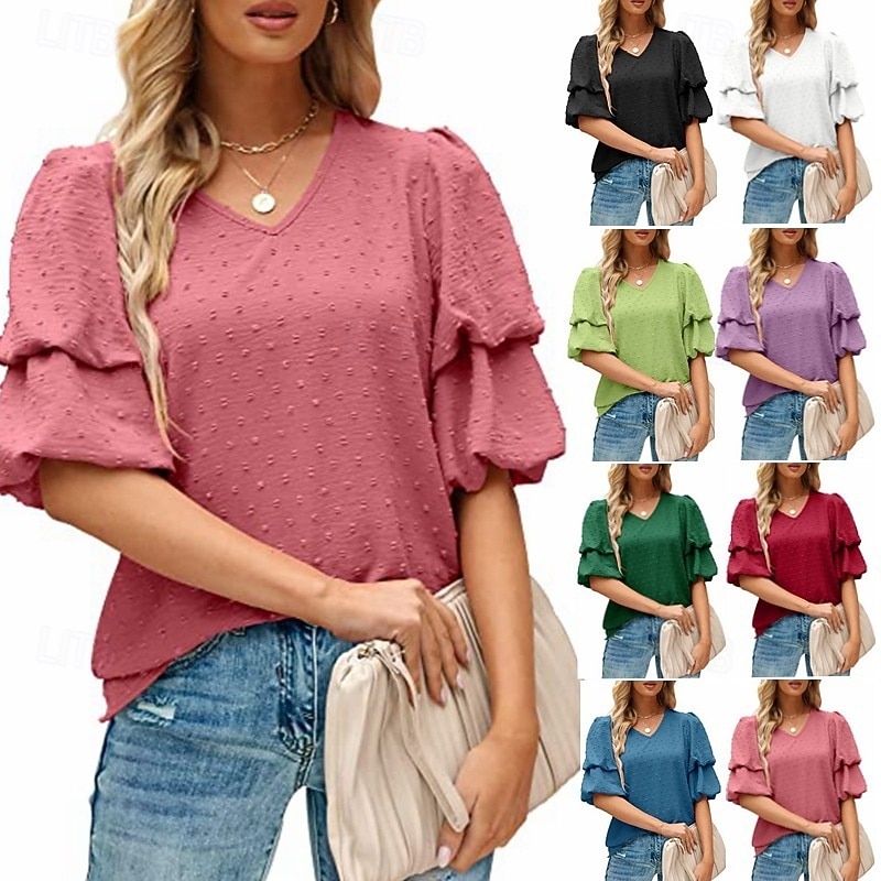 Mulheres Camisa Social Blusa Tops de chiffon Tecido à moda Básico Clássico Manga Curta Manga Princesa Decote V Tops regulares Casual Diário Feriado Azul Preto Branco Vinho Verde Escuro Verão Primavera de 2026 por $18.49 –P1