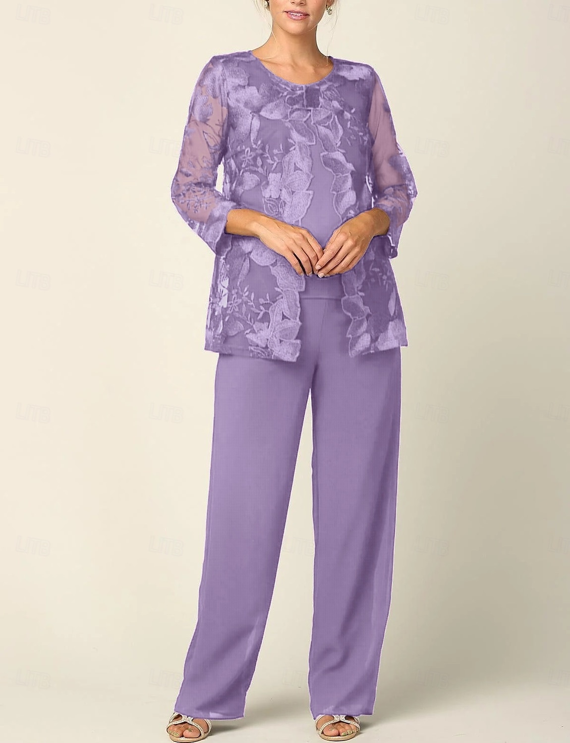 Jumpsuit Pantsuit 3 Piece Floor Length Mother of the Bride Dress Long Sleeve Crew Neck Elegant Formal Wedding Guest Chiffon Wrap Included with Lace Embroidery 2026 - $195.99 –P13