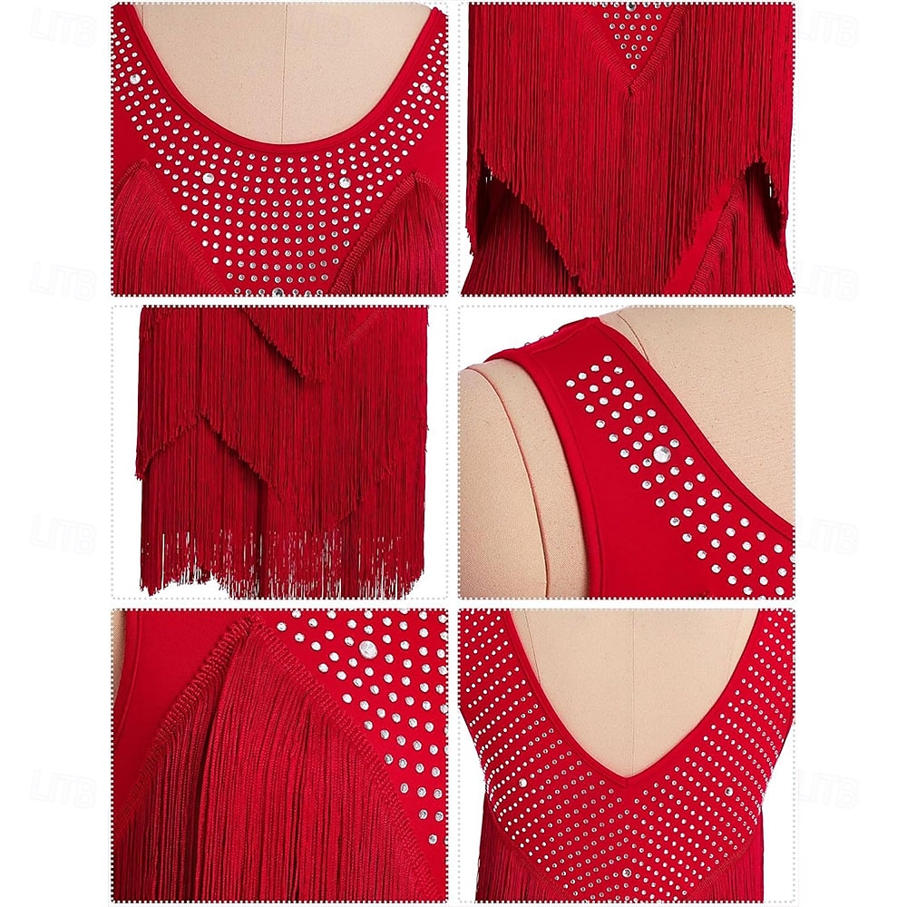 Women's Black Latin Ballroom Dance Wear - Rhinestone Sheer Mesh Sleeveless Bodysuit with Rhythmic Tassel Hem for Performance 2026 - $277.09 –P5