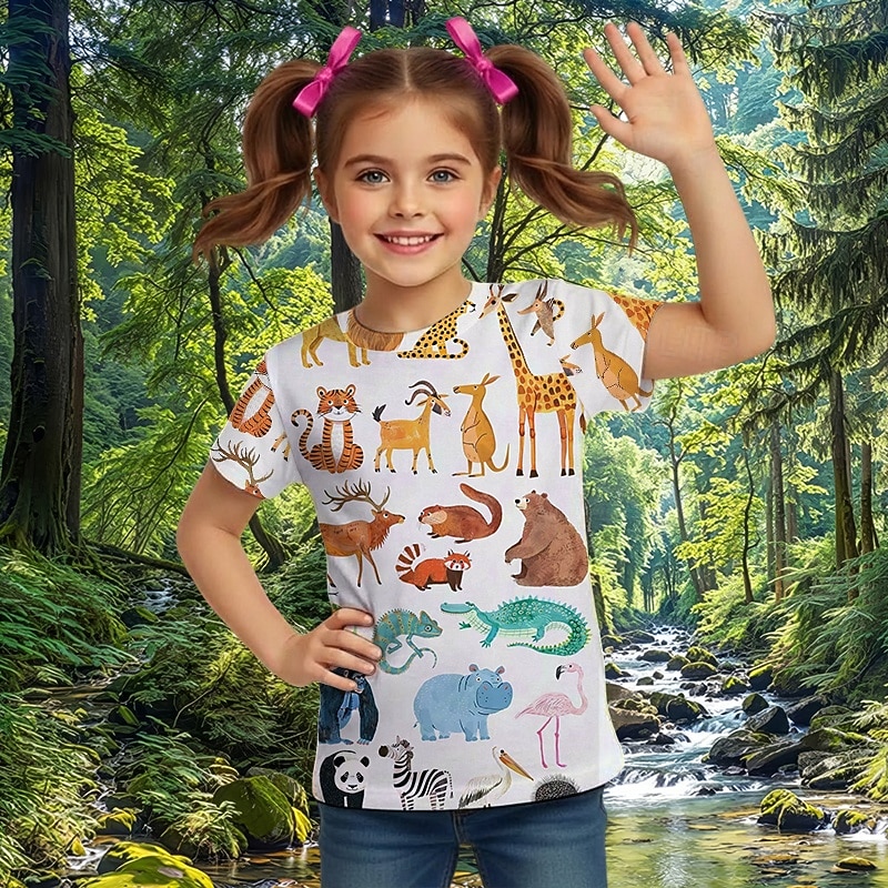 Chica 3D Graphic Animal Camiseta Manga Corta Impresión 3D Primavera Activo Estilo lindo Niños 4-12 años Casual Escuela Ajuste regular 2026 - $9.49 –P7