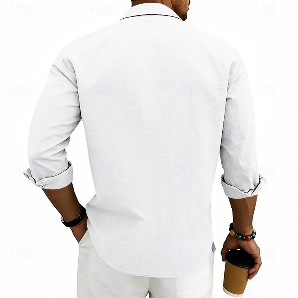 Herren Hemd Leinenhemd Sommerhemd Strandhemd Einfach Lässig Urlaub Schwarz Weiß Marineblau Khaki Langarm Umlegekragen Sommer Frühling Bekleidung Patchwork 2026 - $25.99 –P6