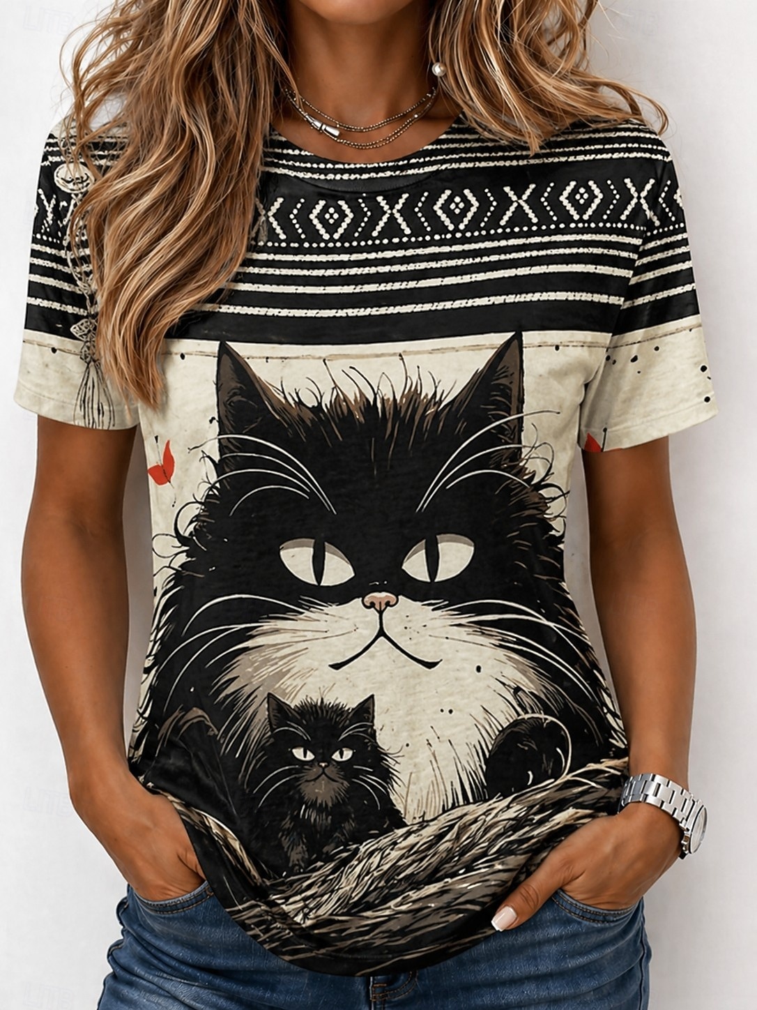 Per donna Maglietta Stampato Grafico Animale Gatto Vintage Elegante Classico Manica Corta Girocollo Top Regolari Casuale Quotidiano Weekend Bianco e nero Bianco Rosso Estate Primavera Autunno Inverno del 2026 a $21.99 –P3