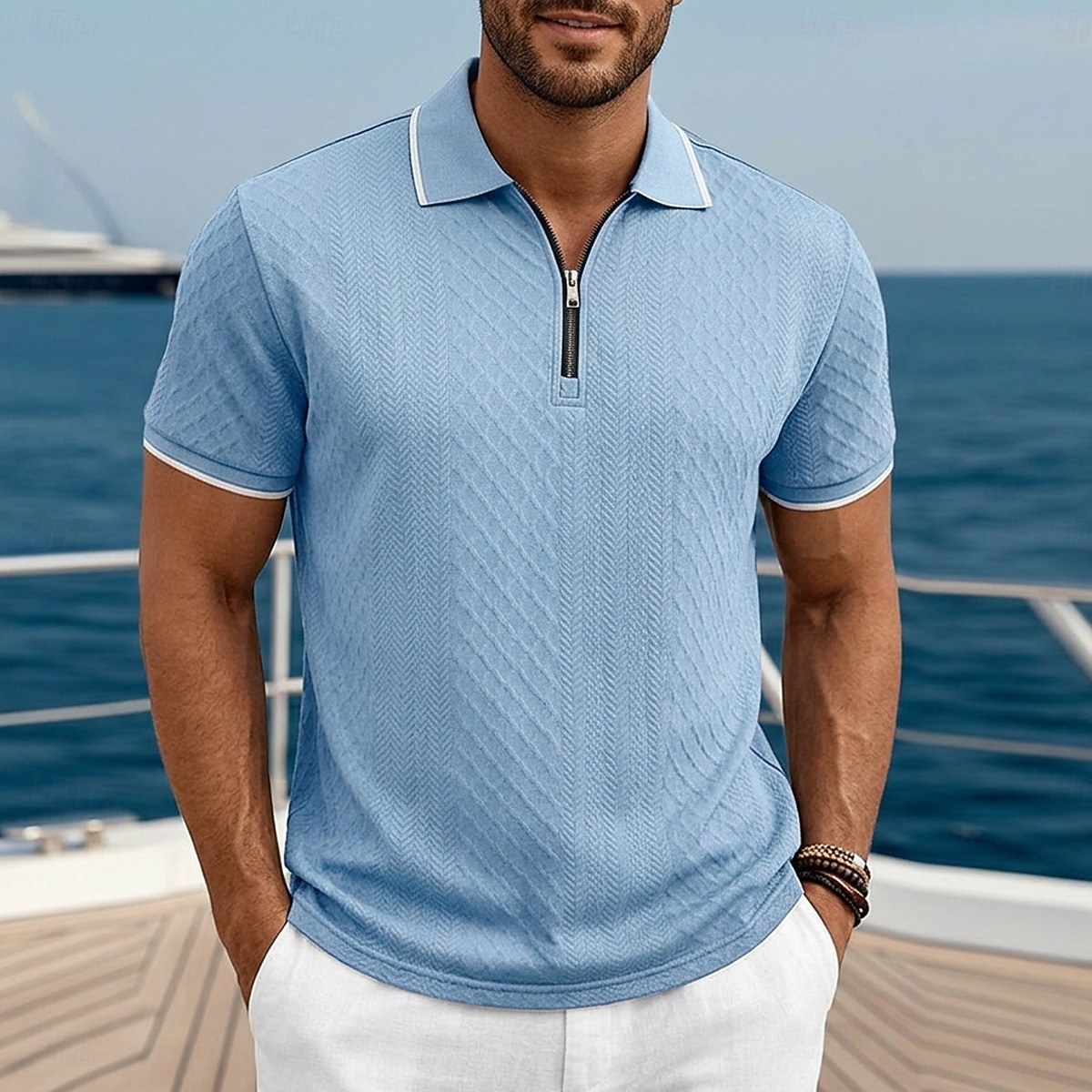 Per uomo Polo con zip Testurizzato Casuale Ferie Bavero Zip a un quarto Manica Corta Moda Essenziale Semplice Jacquard Zip a un quarto Primavera & Estate Estate Primavera Vestibilità regolare Blu del 2026 a $24.99 –P5